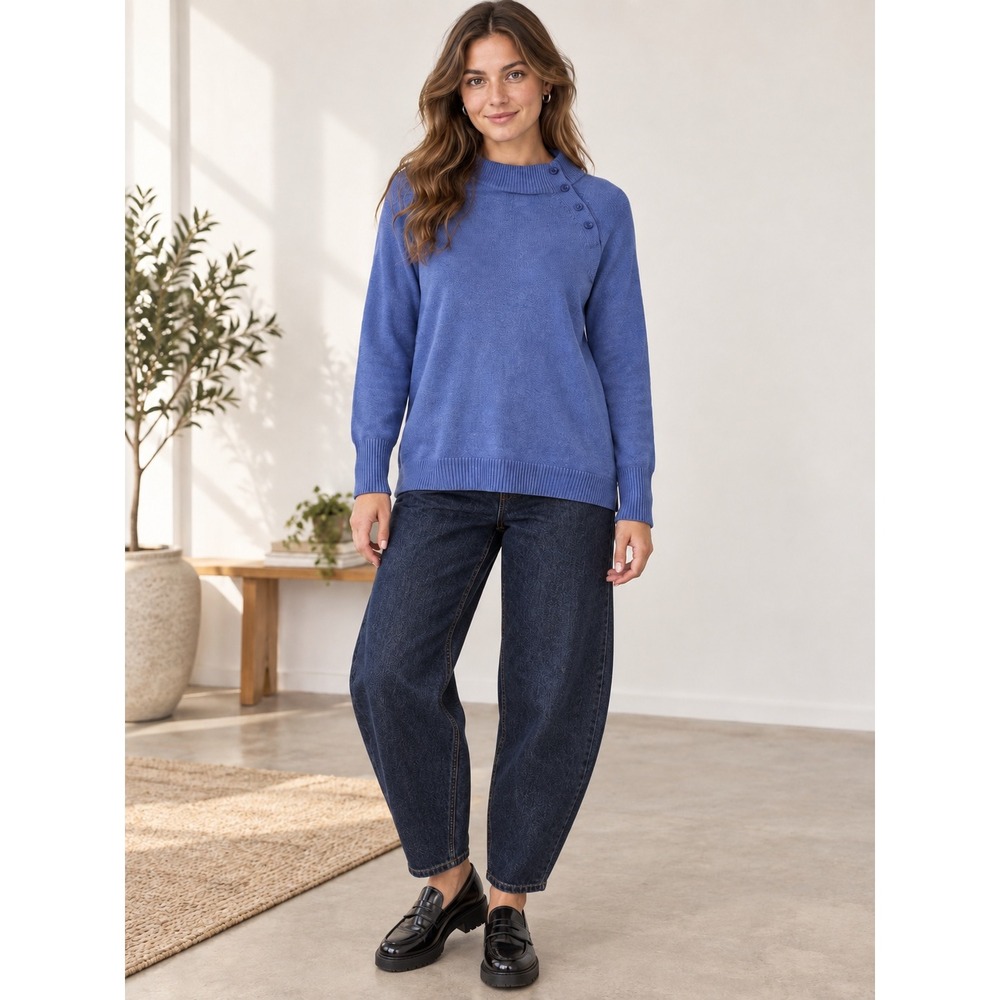 Talbots Blue Mock Neck Button Side Raglan Sleeve Knit Sweater Small